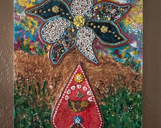 Whimsical Fantasy Garden Mosaic Mixed Media Wall Hanging Home Decor