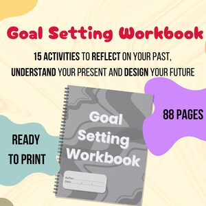 Puede incluir: Un cuaderno de trabajo de establecimiento de objetivos gris y blanco con un patrón de mármol en la portada. El título "Goal Setting Workbook" está impreso en blanco en la portada. El texto "15 actividades para reflexionar sobre tu pasado, comprender tu presente y diseñar tu futuro" está impreso en negro debajo del título. El texto "88 páginas" está impreso en negro sobre un fondo morado. El texto "Listo para imprimir" está impreso en negro sobre un fondo azul claro.