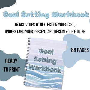 Puede incluir: Un "Goal Setting Workbook" encuadernado en espiral con un diseño de acuarela azul y blanco. El texto de la portada dice "Goal Setting Workbook". El texto adicional incluye "15 Actividades", "88 Páginas" y "Listo para imprimir".