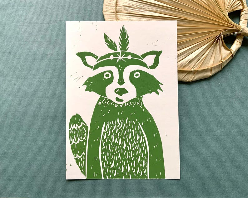 Children's Room Linocut Raccoon | Linocut A5 | Wall Decoration for ...