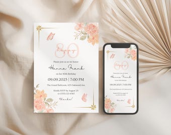 Floral 60th Birthday Invitation for women, Editable Canva Template in peach and blush