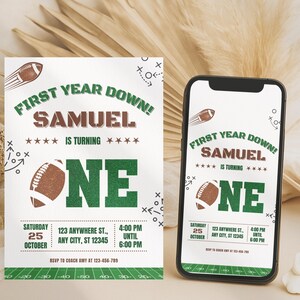 First Year Down football birthday invitation for boys, green and brown editable digital download, Canva template, easy editable