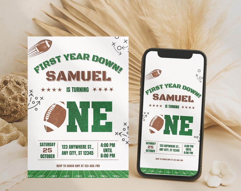 First Year Down football birthday invitation for boys, green and brown editable digital download, Canva template, easy editable
