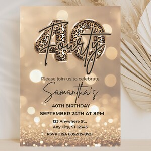 Elegant 40th birthday invitation with gold glitter background and leopard print and 40 text design. Canva template. Sparkle Party Printable