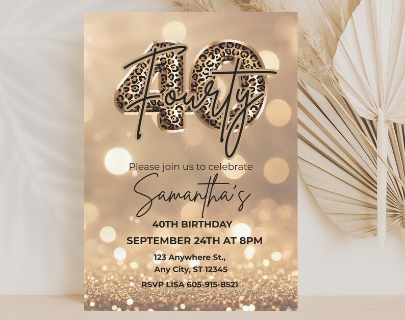 Elegant 40th birthday invitation with gold glitter background and leopard print and 40 text design. Canva template. Sparkle Party Printable