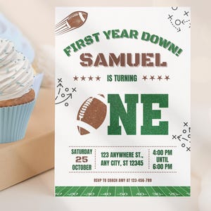 First Year Down football 1 st birthday invitation for boys, green and brown editable digital download, Canva template, Party e-vite