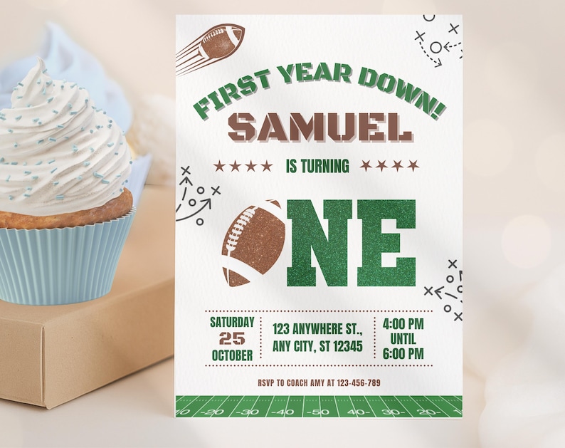 First Year Down football 1 st birthday invitation for boys, green and brown editable digital download, Canva template, Party e-vite