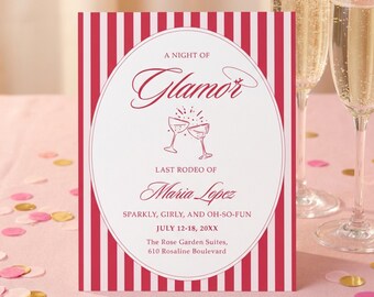 Pink Striped Glamor Bachelorette Party Invitation, Pink Champagne Digital Invite Template, Editable Bridal Shower Download