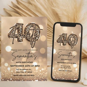 Digital Elegant 40th birthday party invitation with gold glitter background and leopard print and 40 text design. Canva template. Sparkle Party Printable