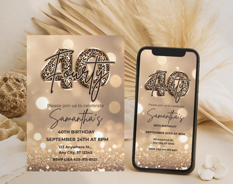 Digital Elegant 40th birthday party invitation with gold glitter background and leopard print and 40 text design. Canva template. Sparkle Party Printable