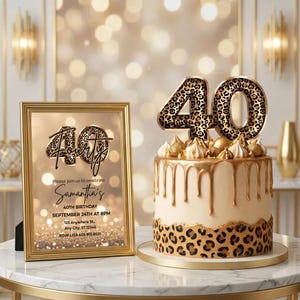 Printable Elegant 40th birthday party invitation with gold glitter background and leopard print and 40 text design. Canva template. Sparkle Party Printable