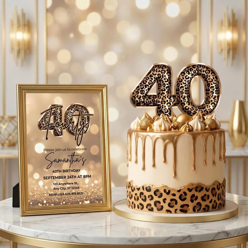 Printable Elegant 40th birthday party invitation with gold glitter background and leopard print and 40 text design. Canva template. Sparkle Party Printable