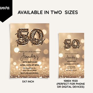Elegant 50th birthday invitation with gold glitter background and leopard print and 50 text design. Canva template. Sparkle Party Printable