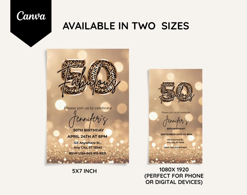 Elegant 50th birthday invitation with gold glitter background and leopard print and 50 text design. Canva template. Sparkle Party Printable