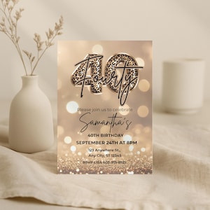 Printable Elegant 40th birthday invitation with gold glitter background and leopard print and 40 text design. Canva template. Sparkle Party Printable