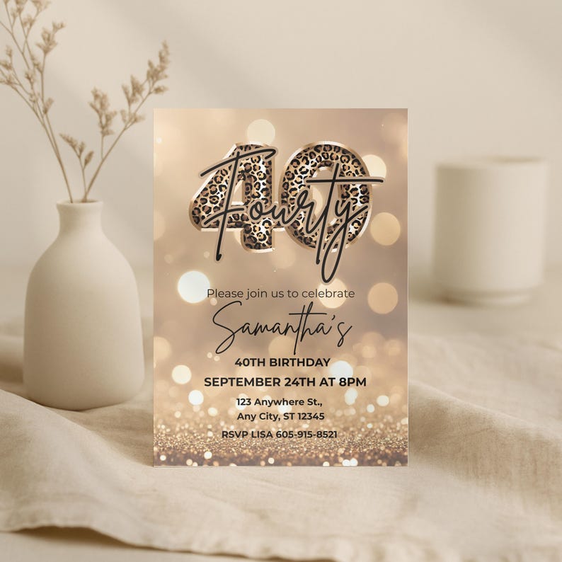 Printable Elegant 40th birthday invitation with gold glitter background and leopard print and 40 text design. Canva template. Sparkle Party Printable
