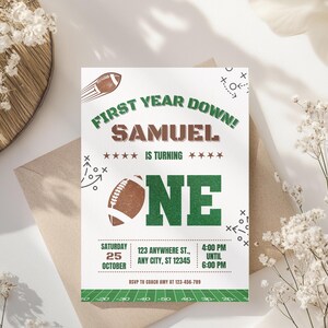 First Year Down football birthday invitation for boys, green and brown editable digital download, Canva template with football theme