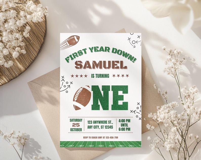 First Year Down football birthday invitation for boys, green and brown editable digital download, Canva template with football theme