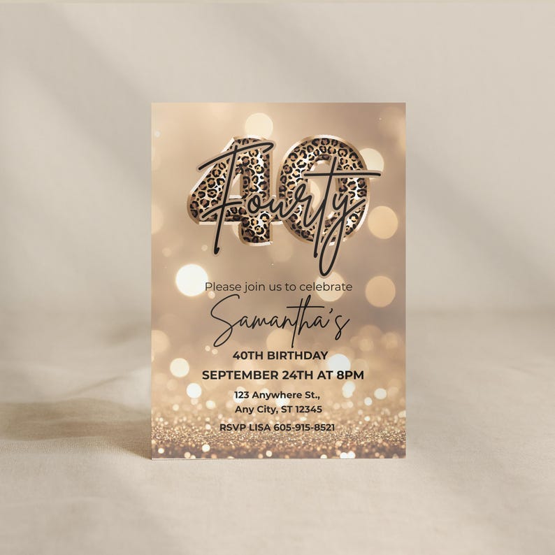 Editable Elegant 40th birthday invitation with gold glitter background and leopard print and 40 text design. Canva template. Sparkle Party Printable