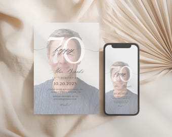 Elegant 70th Birthday Invitation, editable Canva photo Template, 30th, 40th, 50th, 60th, 80th Party Printable