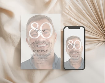Elegant 80th Birthday Photo Invitation – Modern Editable 40th, 50th, 60th, 70th Canva Template