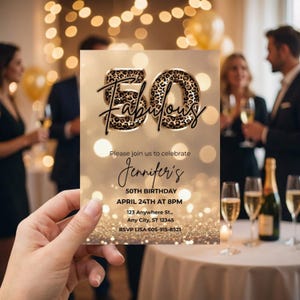 Elegant 50th birthday card with gold glitter background and leopard print and 50 text design. Canva template. Sparkle Party Printable