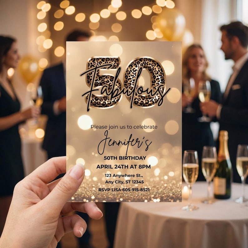 Elegant 50th birthday card with gold glitter background and leopard print and 50 text design. Canva template. Sparkle Party Printable