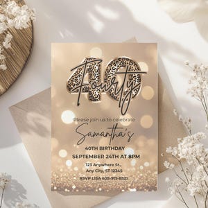 Elegant 40th birthday party invitation with gold glitter background and leopard print and 40 text design. Canva template. Sparkle Party Printable