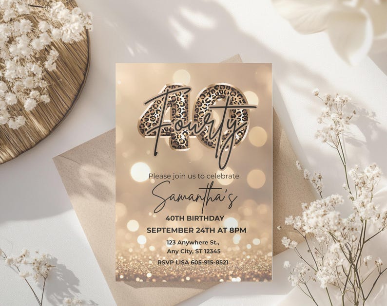 Elegant 40th birthday party invitation with gold glitter background and leopard print and 40 text design. Canva template. Sparkle Party Printable
