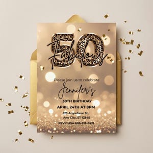 Elegant 50th birthday card with gold glitter background and leopard print and 50 text design. Canva template. Sparkle Party Printable