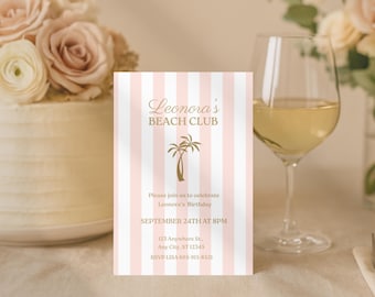 Invito per festa di compleanno in un Beach Club | Biglietto con palma color oro rosa | Modello digitale modificabile