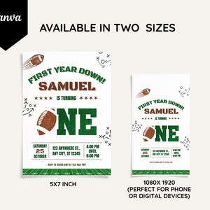 First Year Down football first birthday invitation for boys, green and brown editable digital download, Canva template