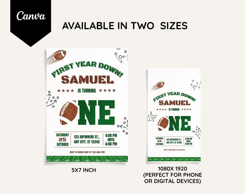 First Year Down football first birthday invitation for boys, green and brown editable digital download, Canva template