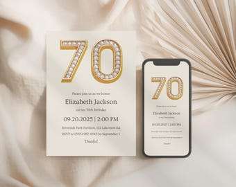 Luxury Gold 70th Birthday Invitation, Editable Canva Template for Women