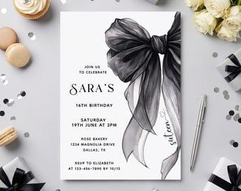 Black Bow 16th Birthday Invitation | Printable Sweet Sixteen Birthday Party Invite