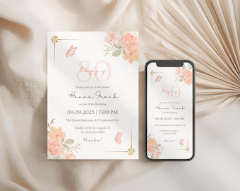 Elegant Pastel Floral 80th Birthday Invitation, Editable Canva template
