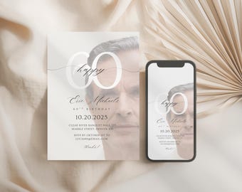 Elegant 60th Birthday Invitation for men with photo, Editable Canva Template, Party Printable