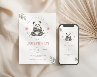 Cute Panda Birthday Invitation Template, Watercolor Animal Party Printable, Digital Invite