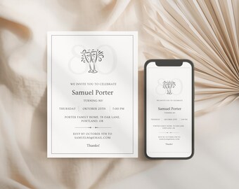 Elegant Beige 80th Birthday Party Invitation, Editable Champagne Theme 40th, 50th, 60th, 70th Template