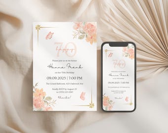 Floral 70th Birthday Invitation, editable Canva Template