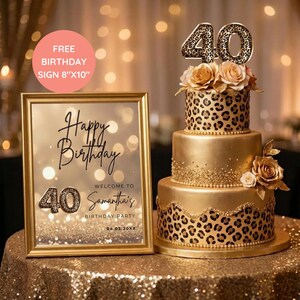 Elegant 40th birthday sign with gold glitter background and leopard print text design