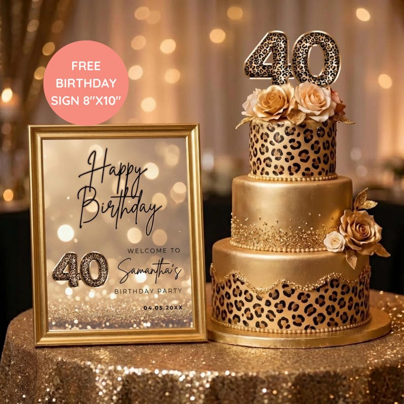 Elegant 40th birthday sign with gold glitter background and leopard print text design