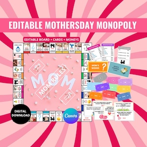 Mothersday Monopoly editable template bundle, Blank Monopoly Board, Monopoly Canva Template, Monopoly Game Board, Digital Download, Birthday