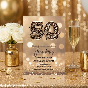 Digital Elegant 50th birthday card with gold glitter background and leopard print and 50 text design. Canva template. Sparkle Party Printable