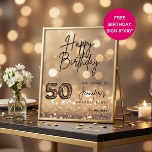 Elegant 50th birthday card with gold glitter background and leopard print and 50 text design. Canva template. Sparkle Party Printable