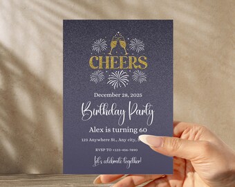 Cheers Birthday Invitation, Editable Gold 60th Birthday Party Invite, Printable elegant digital invite