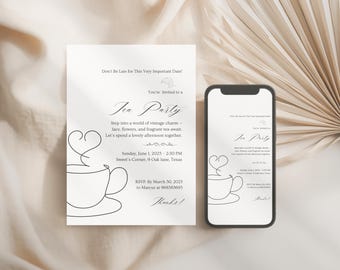 Elegant Tea Party Invitation, Simple Line Drawing Teacup Template, Printable Digital Invite