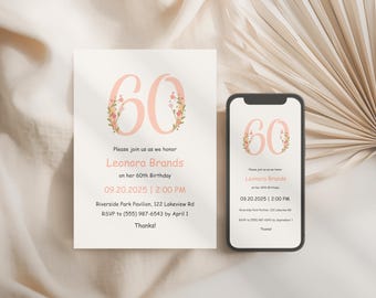 Floral 60th Birthday Invitation for women, Editable Canva Template in peach and blush