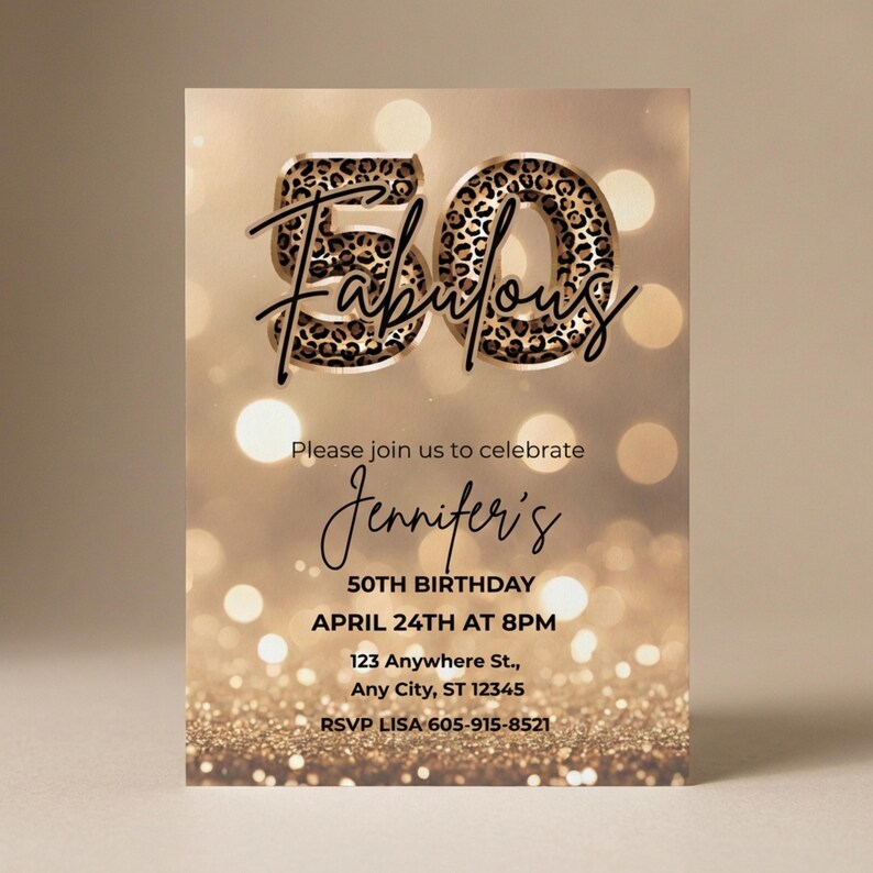 Elegant 50th birthday invitation with gold glitter background and leopard print and 50 text design. Canva template. Sparkle Party Printable
