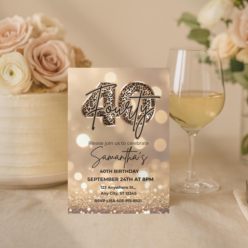 Digital Elegant 40th birthday invitation with gold glitter background and leopard print and 40 text design. Canva template. Sparkle Party Printable